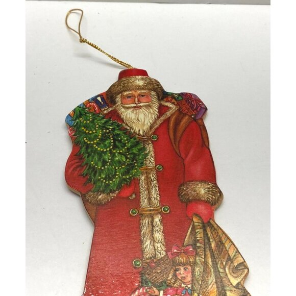 Vintage Victorian Santa Christmas Tree Ornament Wooden Flat Holiday Decoration - Picture 5 of 6